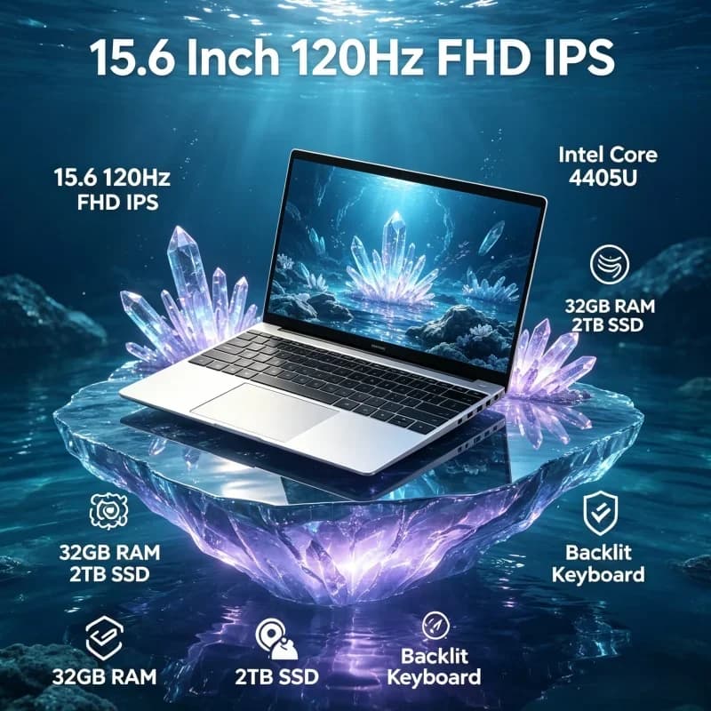 Budget Cost-effective 15.6" Slim Notebook Intel 4405U 120Hz FHD IPS 32GB Big RAM Built-in Backlit Keyboard Student Laptop
