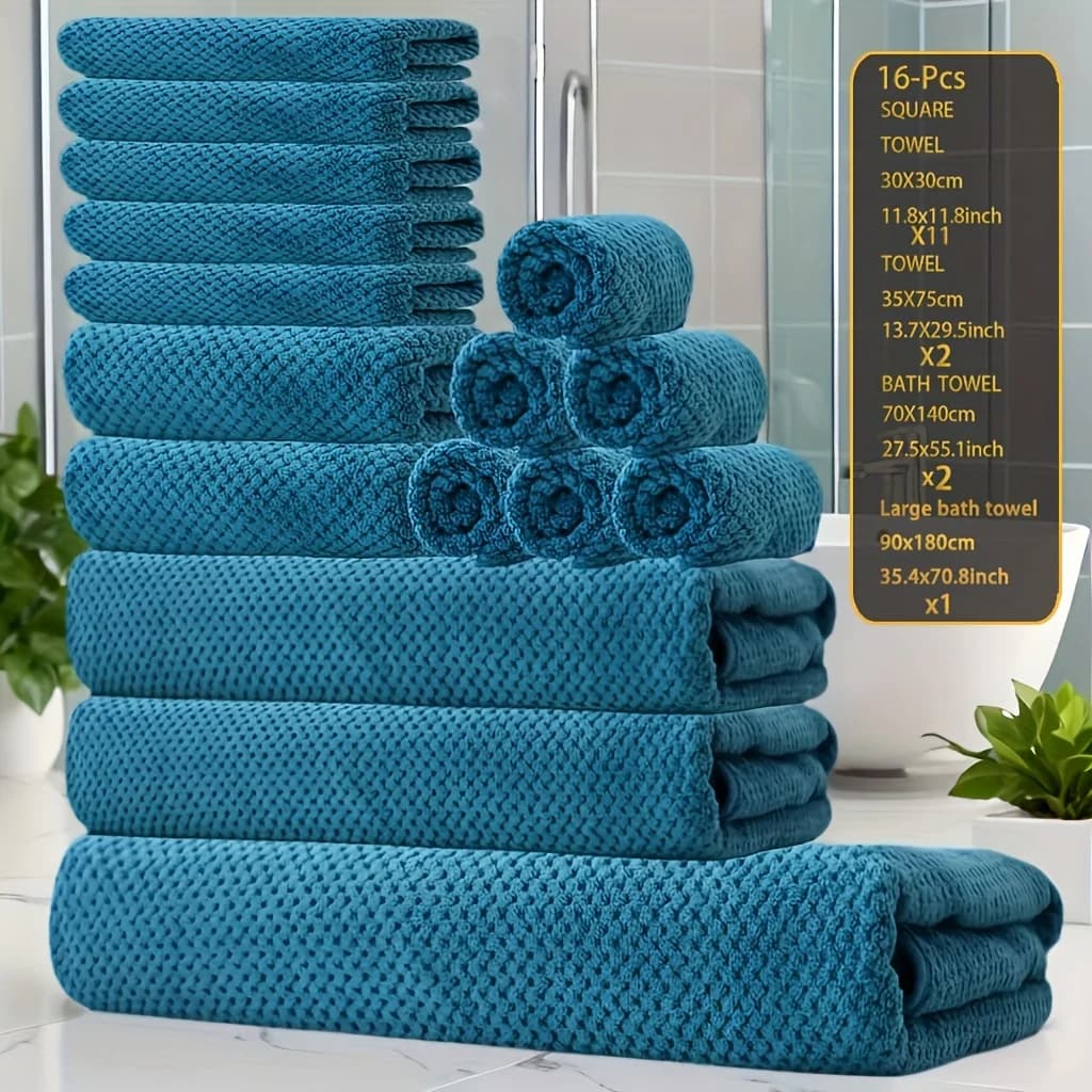 16pcs Coral Fleece Bath Towel Set, 1 Extra Large Bath Towel, 2 Bath Towels, 2 Washcloths, 11 Square Towels, Suitable for Hotels, Homes, Travel, And Spas