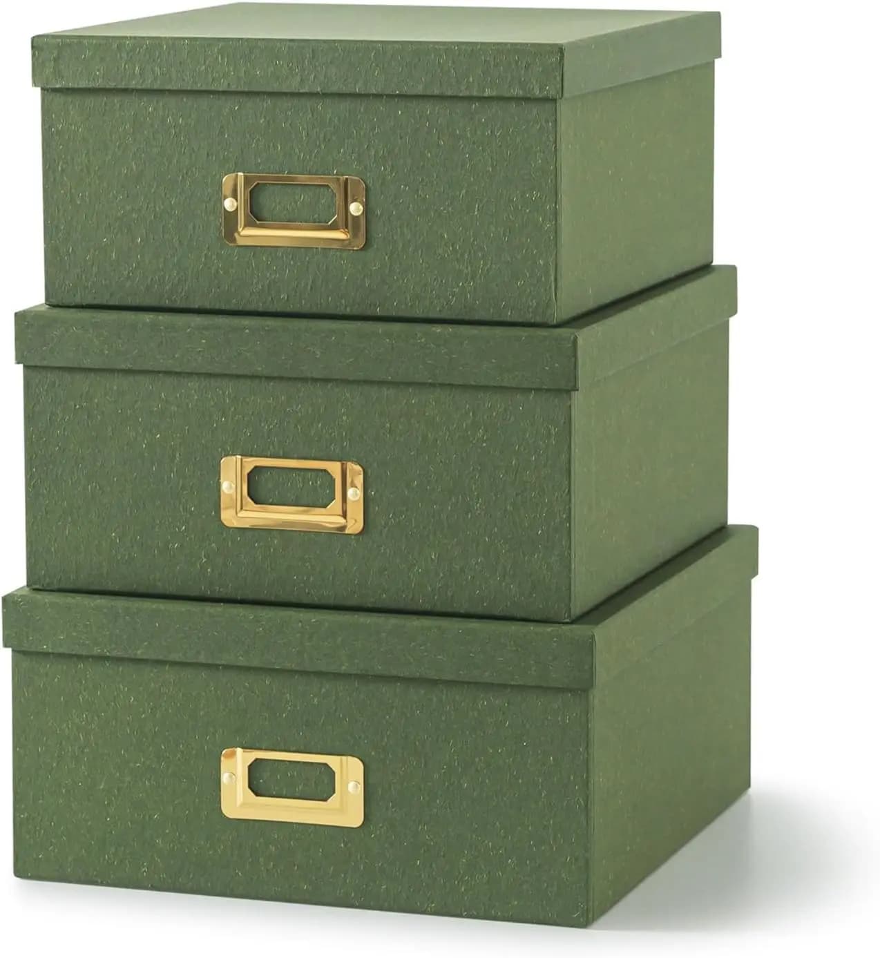 Set di 3 Scatole di Carta Kraft Verde per Organizzazione, Quadrate e Impilabili con Coperchi e Portaetichette Dorati