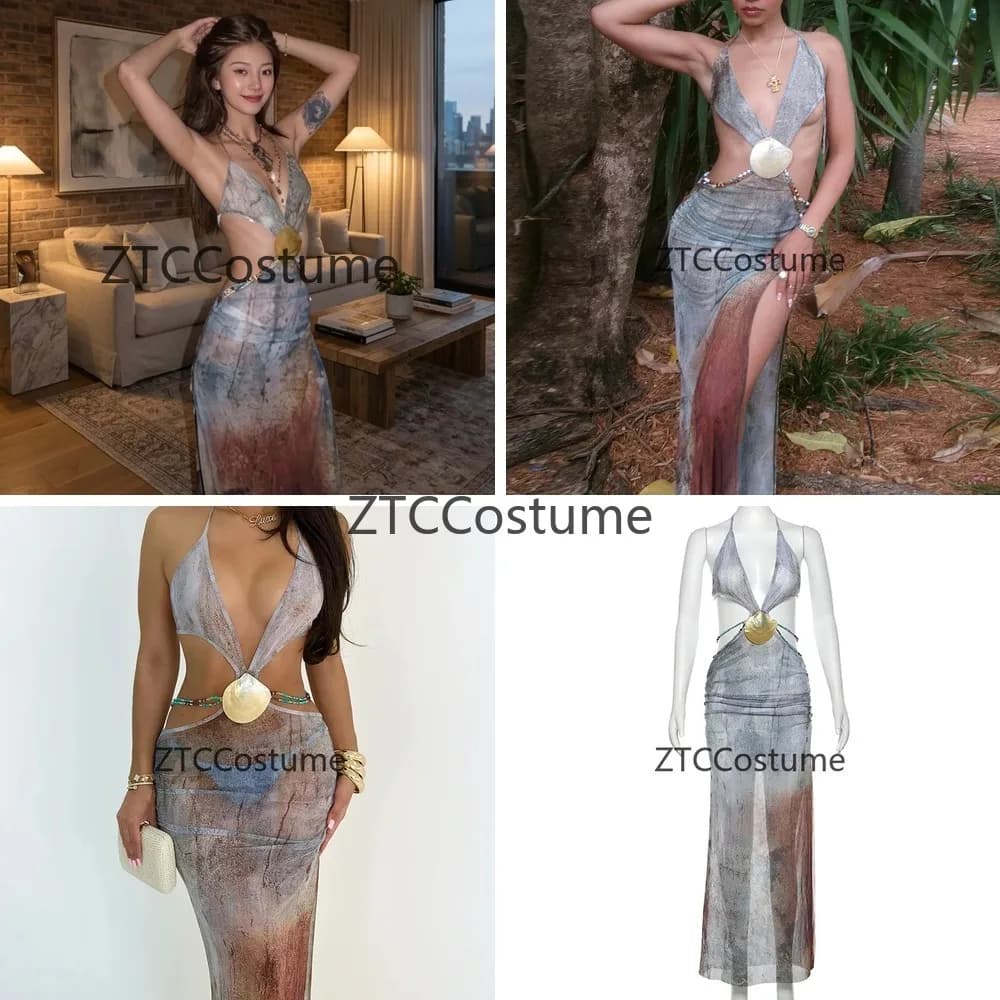 Abito da spiaggia cosplay scavato da donna, elegante copricostume sexy lungo con scollo all'americana, bendaggio, scollo a V, senza schienale, spacco, Vestido