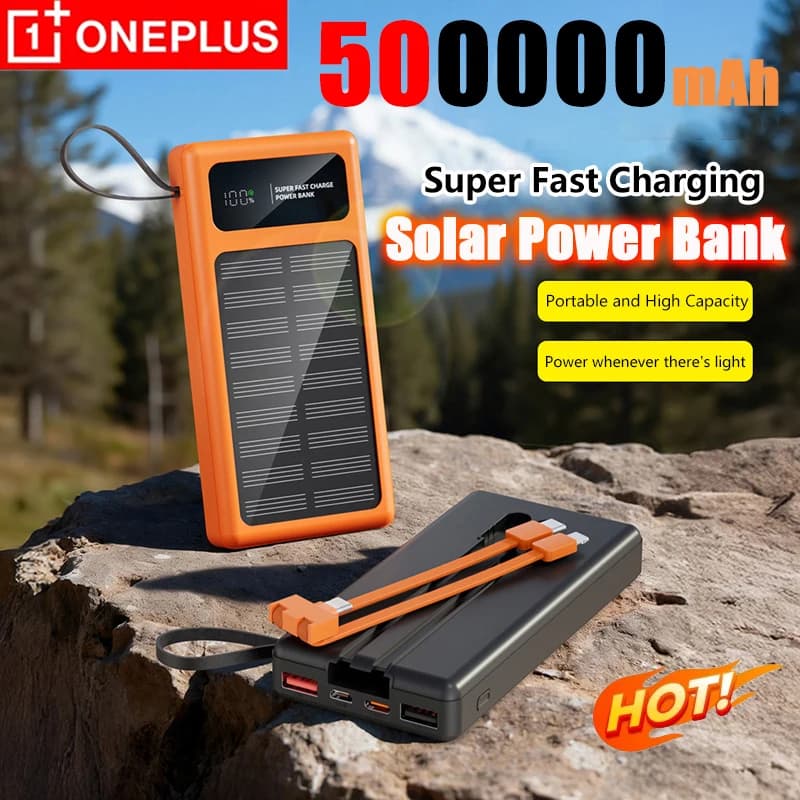 Nuovo PowerBank Solare OnePlus da 500000mAh, Ricarica Rapida, 2 Cavi Integrati, Display Digitale, Batteria Esterna per iPhone, Samsung, Xiaomi
