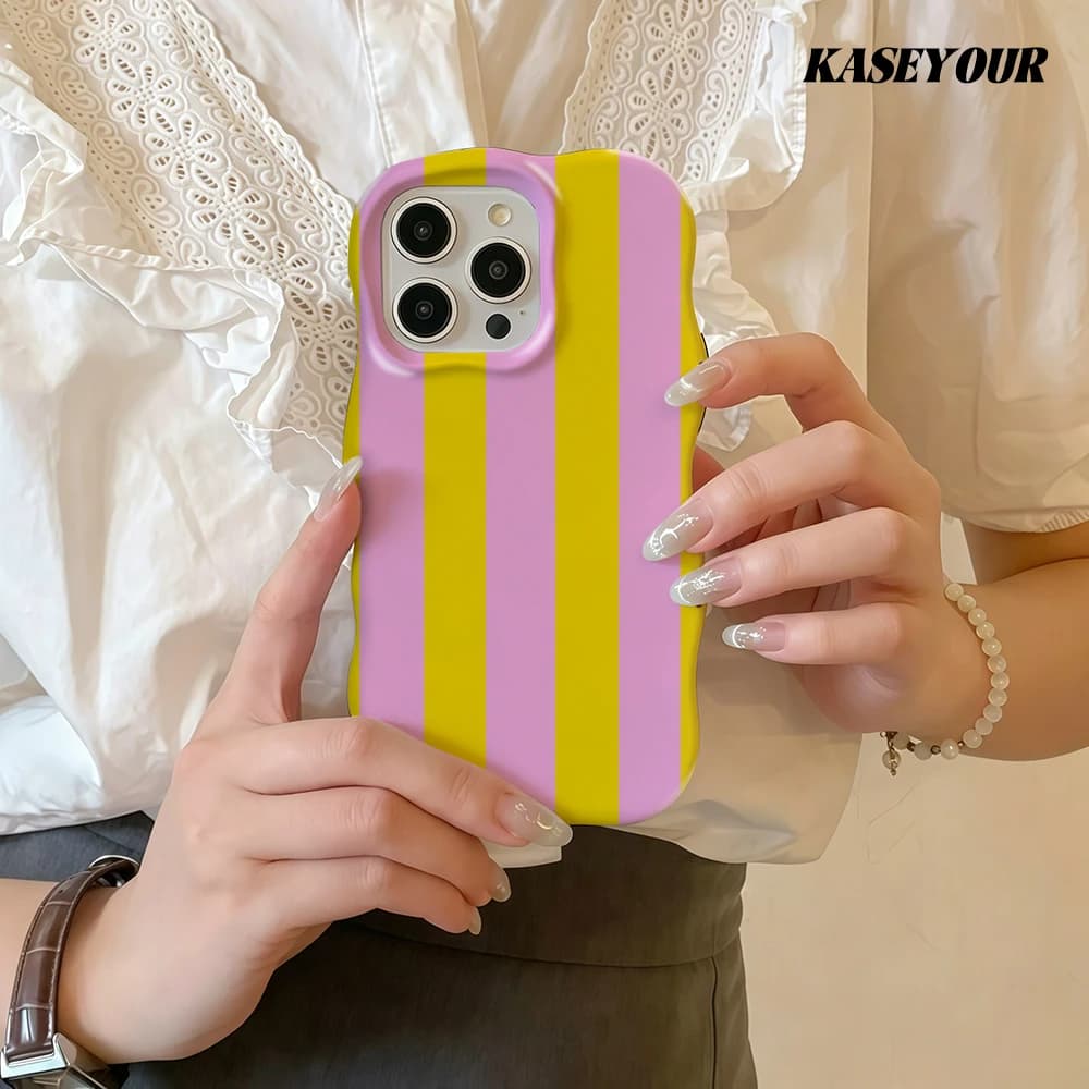 Cover per iPhone 13 14 15 16 17 Pro Max con Strisce Rosa e Gialle, 2 in 1, Lucida, con Bordi Ondulati, Rigida e Sottile