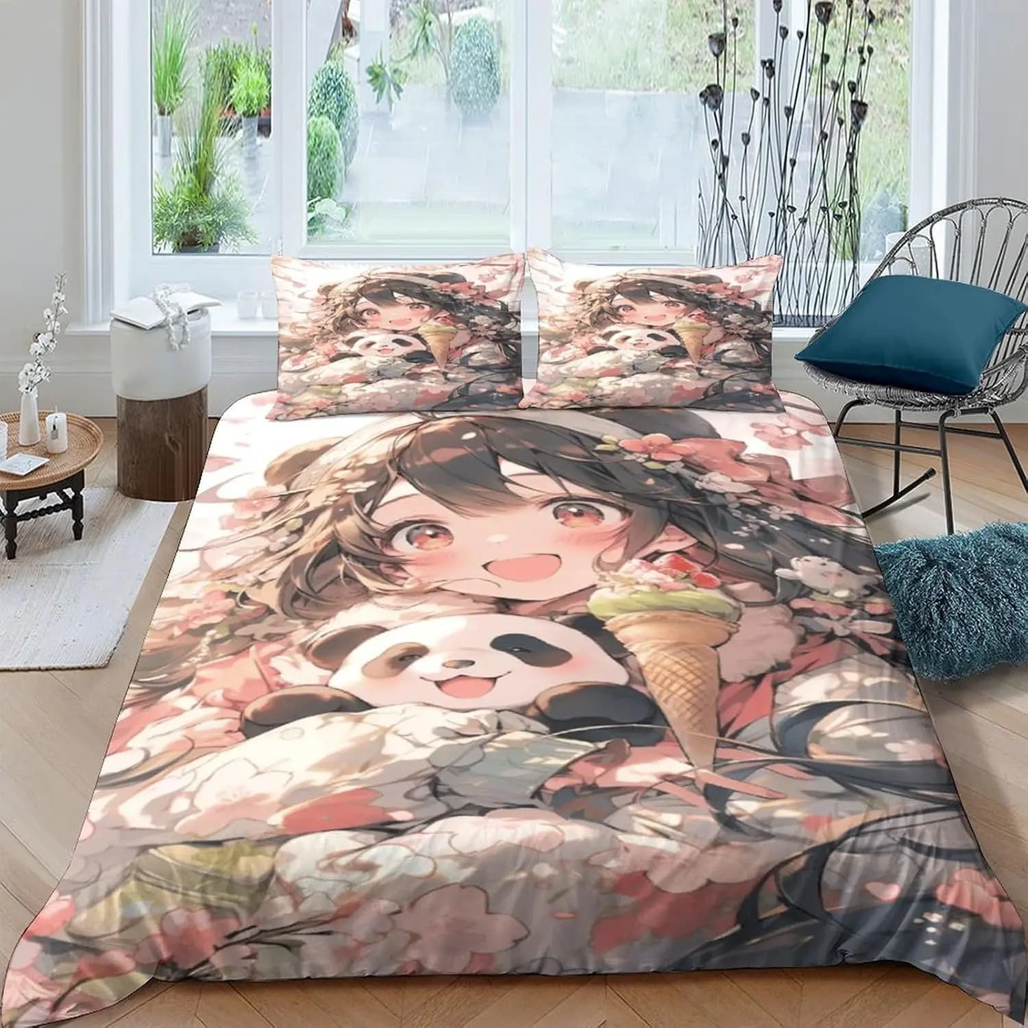 Anime Girl Duvet Cover Set 3D Printed Bedding Set with Pillow Cases Zipper Closure 3-Piece Quilt Cover Boys Girls Double