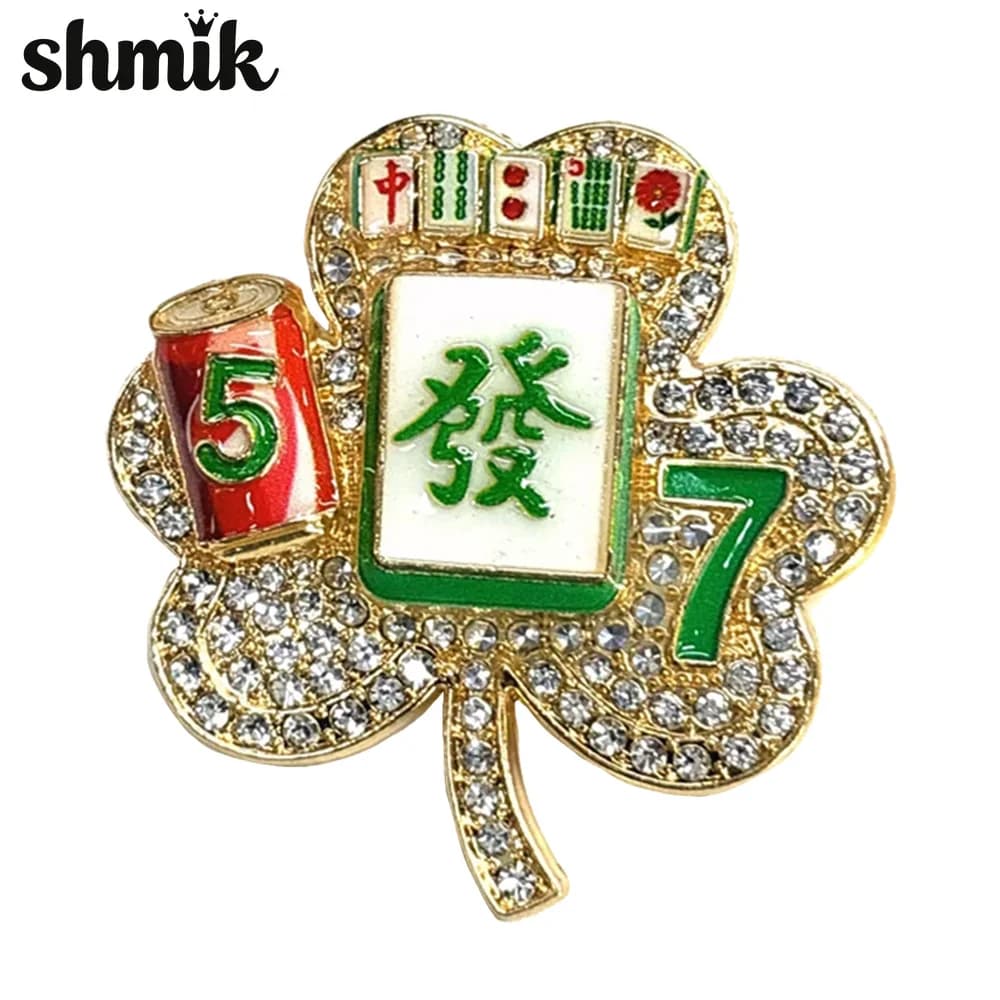 Lucky Four Leaf Clover Mahjong Brooch, Rhinestone Wealth Lapel Pin, Chinese Style Alloy Badge Jewelry Gift For Women Coat Scarf