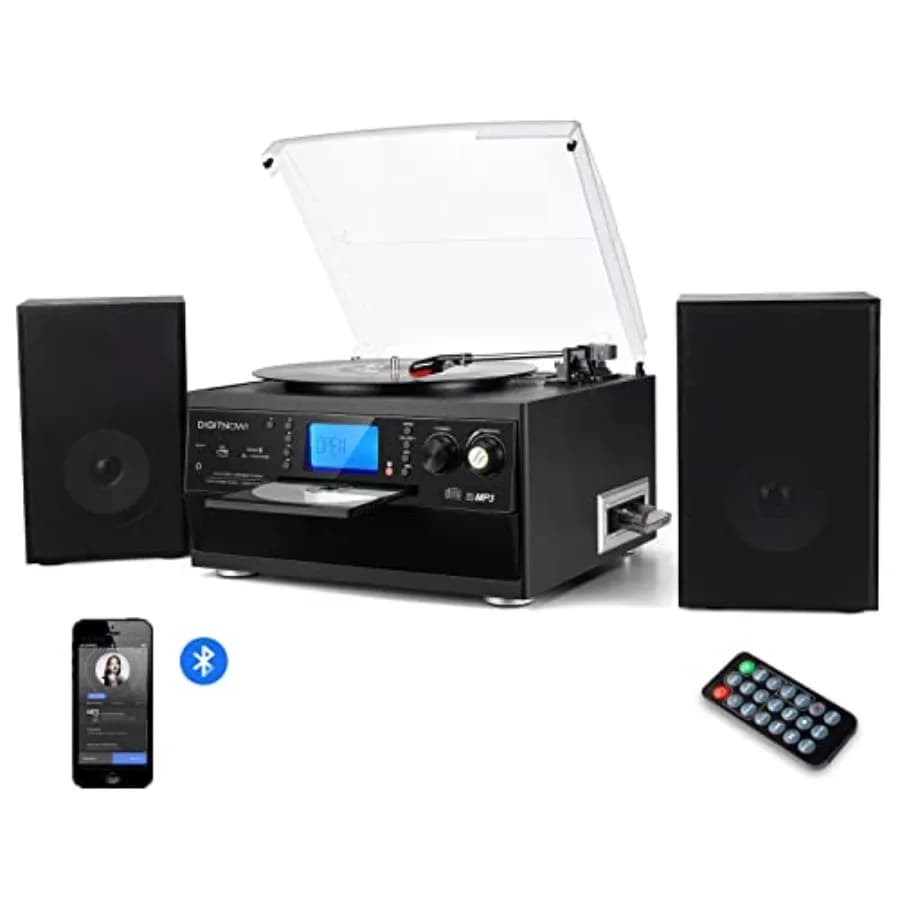 Bluetooth Record Player Turntable with Stereo Speaker, LP Vinyl to MP3 Converter with CD, Cassette, Radio, Aux in and USB/SD En