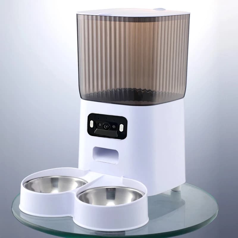 Alimentatore automatico intelligente per gatti con ciotole doppie da 5 litri con fotocamera Dispenser video per alimenti secchi per gatti Registratore vocale intelligente per animali domestici Alimentatore automatico per cani