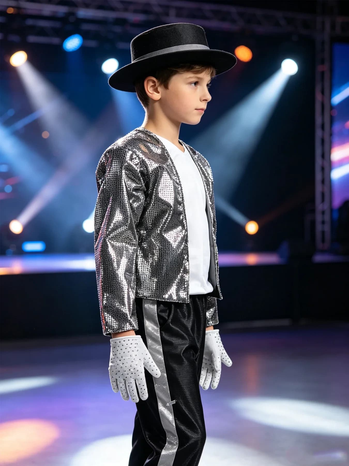 Children's Halloween Retro Party Set, Sequined Jazz Style Costume with Top Hat, Gloves, Sunglasses, Complete Set Party Dress