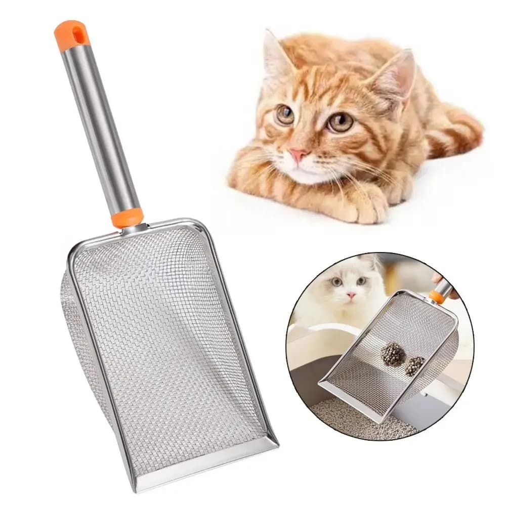 Conveniente Lettiera per gatti in acciaio inossidabile Foro per appendere Perdite Veloce Setaccio per lettiera per gatti Manico lungo Strumento per la pulizia degli animali domestici Criceti