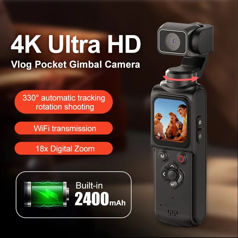 4K Pocket Camera with Gimbal for Vlog with 330 Functions ° Portable Stabilizer with face tracking, 18x zoom, WiFi, 2400mAh battery – for YouTube, TikTok