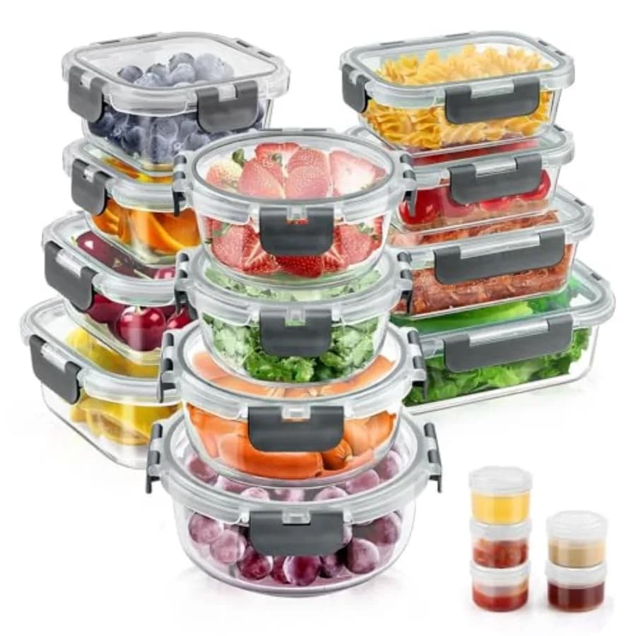 Set di 34 Contenitori in Vetro per Alimenti con Coperchi - 17 Contenitori e 17 Coperchi - Contenitori Ermetici in Vetro per Preparazione Pasti con Scomparto per Salse
