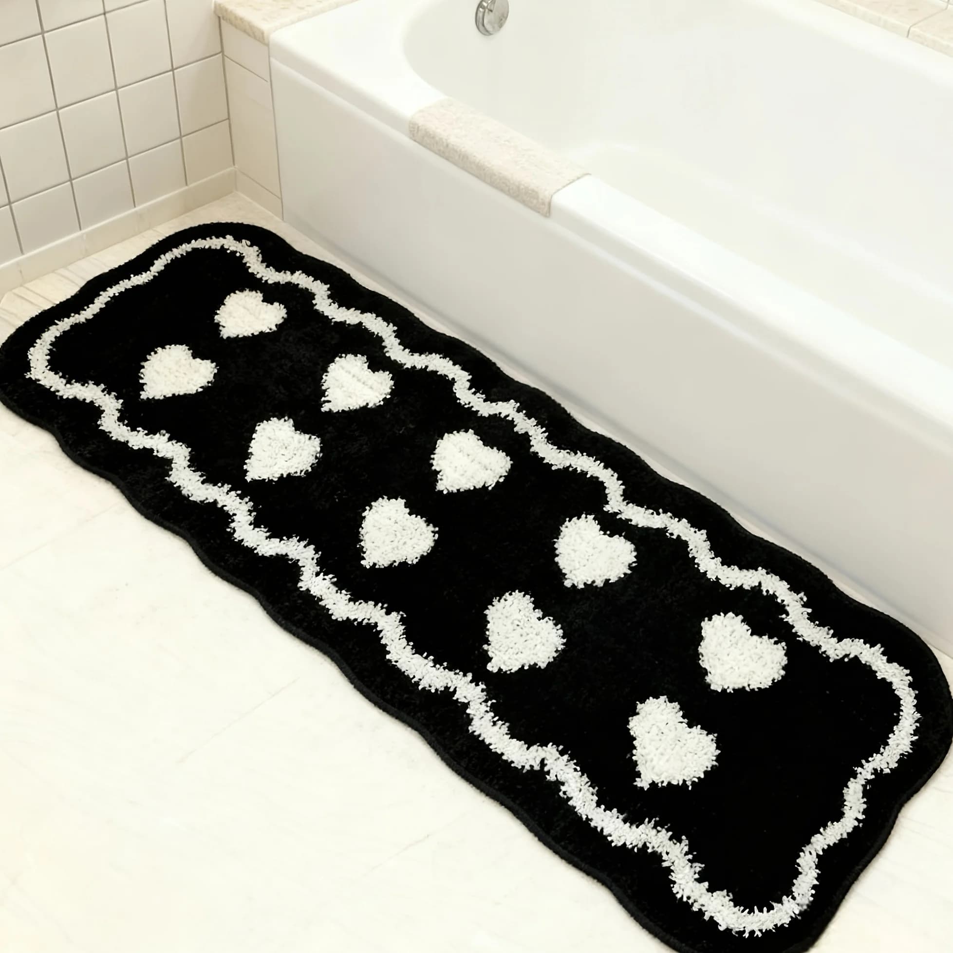 Tappetino da bagno con motivo a cuore bianco nero, assorbente, antiscivolo, da cucina, da bagno, morbido e soffice tappetino per doccia, decorazione per il bagno di casa, regalo