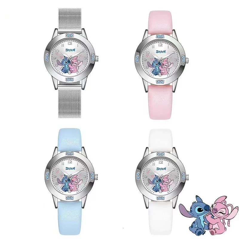 Orologio da donna al quarzo con design a cartone animato, grazioso accento di diamanti, cassa in lega, cinturino in pelle, per ragazze e studentesse, uso quotidiano casual.