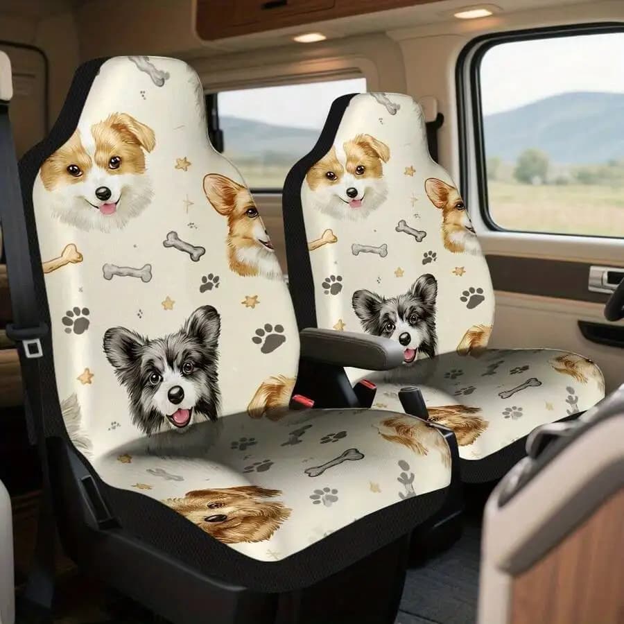 2-Piece Cute Puppy And Paw Print Car Seat Covers For Front Seats Sedans Trucks SUVs