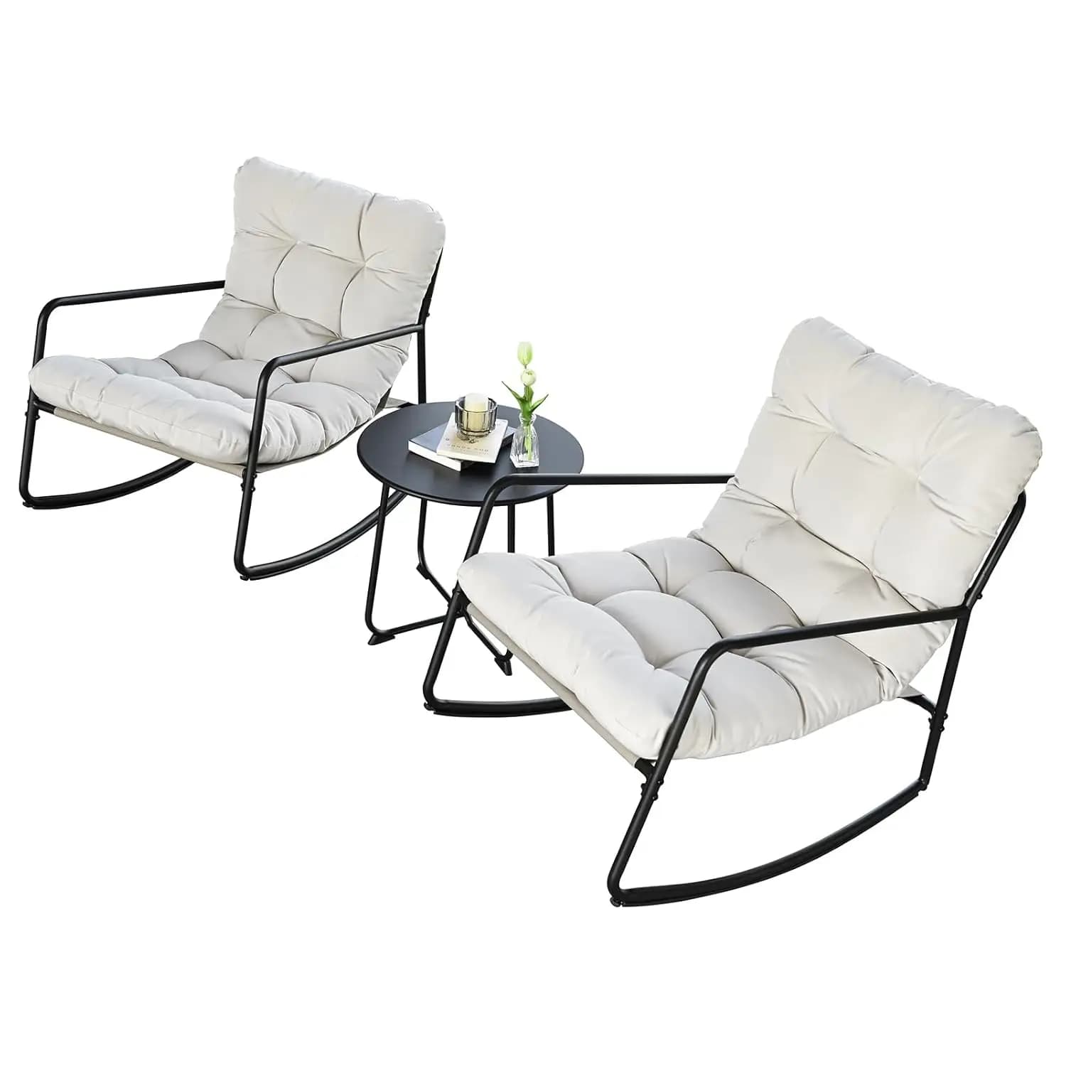 Set da Conversazione in Metallo a 3 Pezzi per Patio, Sedie a Dondolo, Tavolino e Cuscini per Appartamento, Portico, Balcone, Bordo Piscina, Personalizzabile