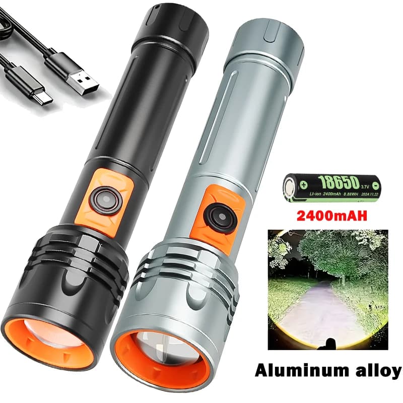 Potente torcia a LED Torcia portatile in lega di alluminio USB ricaricabile Zoom tattico esterno Luce flash impermeabile da campeggio