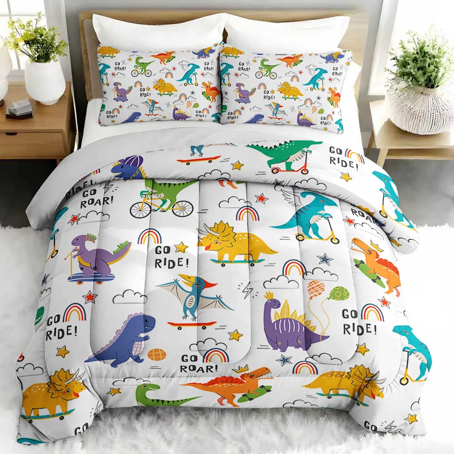 3PC Dinosaur Cartoon Bedding Set Animal Duvet Cover with 2 Pillowcases for Bedroom Or Guest Room Decor Adventure Theme