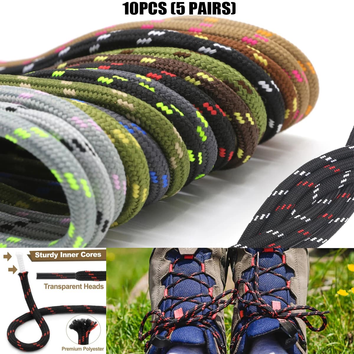 10 Pezzi (5 Paia) di Lacci Spessi a Punti Diagonali per Scarpe da Trekking, Stivali da Lavoro e Sneakers, Lacci Rotondi Resistenti per Sostituzione