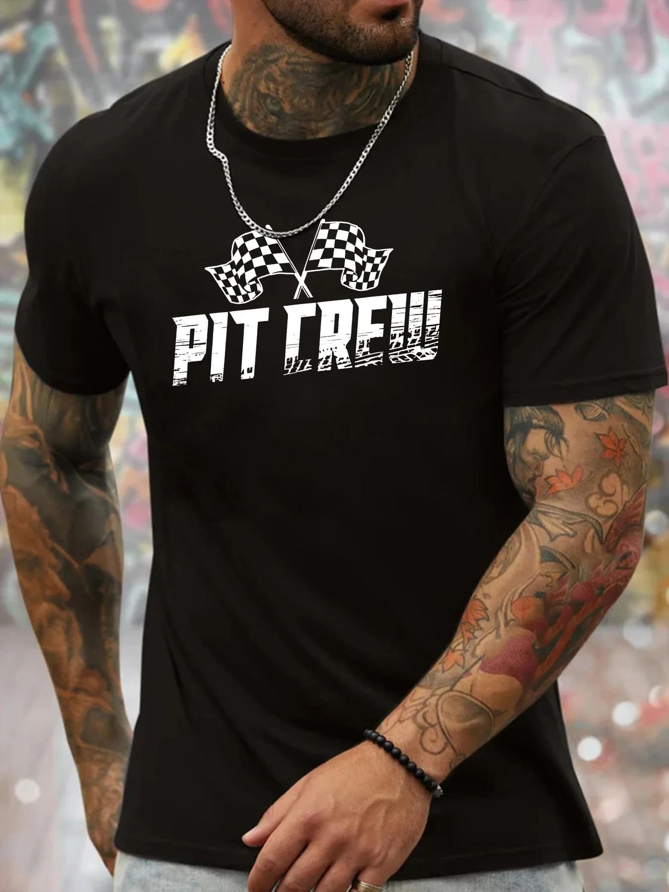 T-shirt da uomo girocollo in poliestere con stampa geometrica Pit Crew Racing Top casual in tessuto lavorato a maglia con maniche corte per l'estate