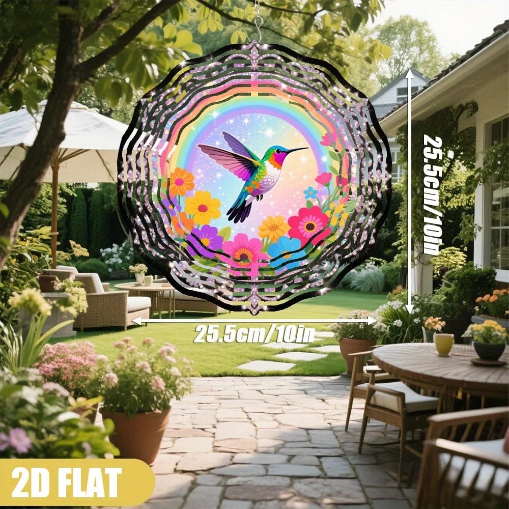 1Pc Metal Wind Chimes Rainbow Hummingbird Floral 10x10in Outdoor Indoor Hanging Garden Decor No Power Yard Gift