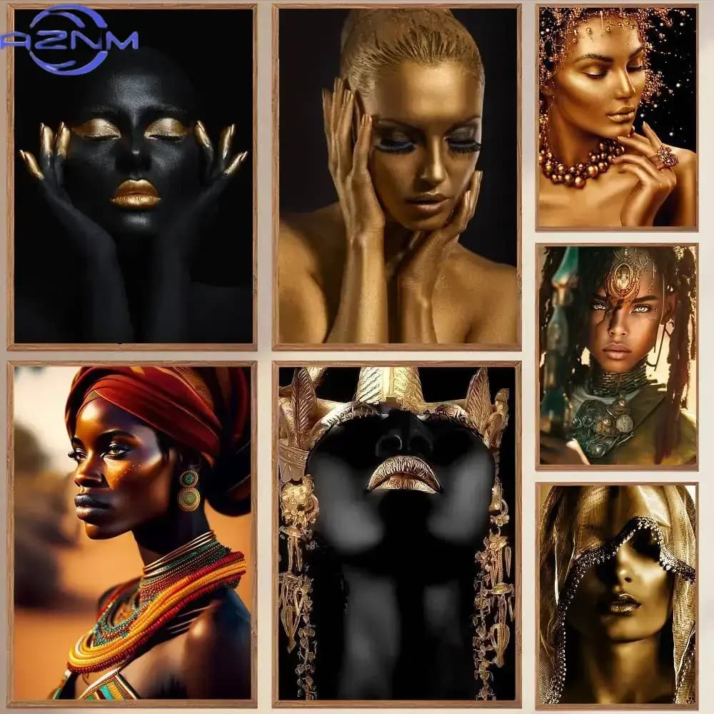 African Art Black And Gold Woman Poster HD Art Wall Poster Waterproof Aesthetic Decor For Home Living Room.