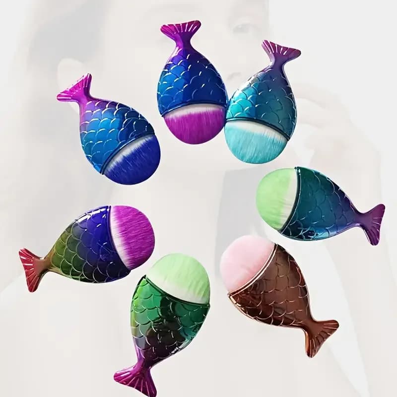 1 bellissimo pennello per trucco a coda di pesce, setole in poliestere, manico in ABS, adatto a tutti i tipi di pelle, strumento per il trucco con bacchetta magica