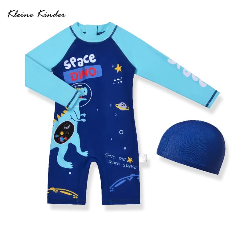 Costume da bagno per neonato Costume da bagno a maniche lunghe con stampa di dinosauri Rashguard intero per ragazzo con cuffia da bagno Costume da bagno per surf da spiaggia