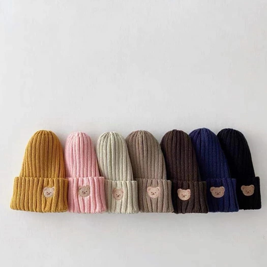 2023 Korea Spring Autumn Kids Boys Hat Candy Color Baby Boys Knit Hat Baby Girls Bear Head Embroidery Kids Knitted Hat