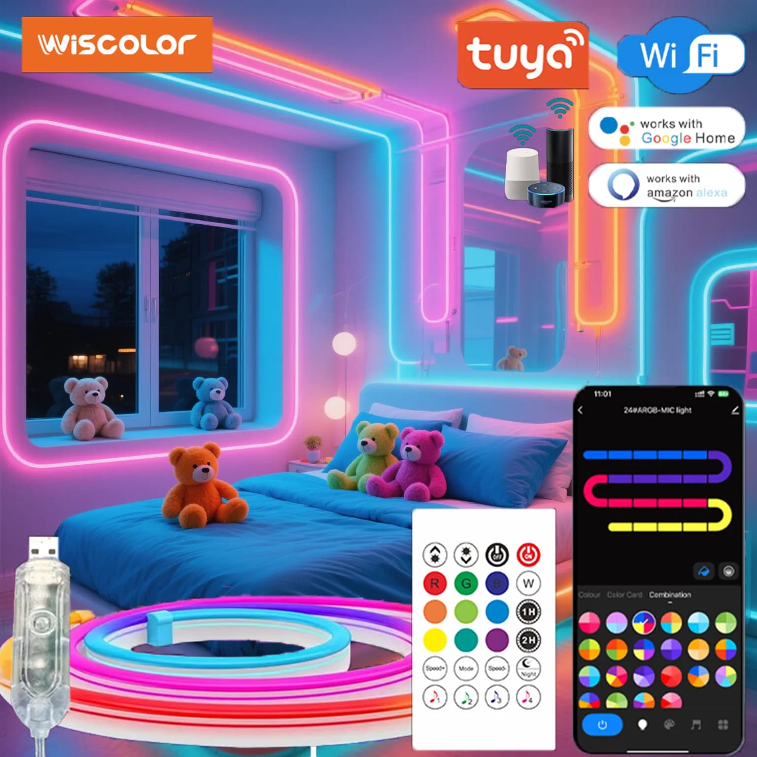 WISCOLOR LED flessibile striscia di luci al neon, impermeabile, nastro in silicone, sincronizzazione musicale,controllo vocale,lavoro con Aleax / Google Home,supporto Smart Life,per la decorazione della casa fai da te