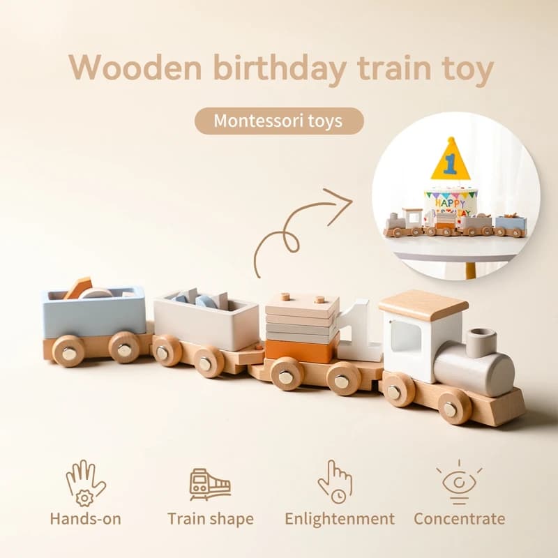 Treno in legno Giocattolo di compleanno Giocattoli educativi Montessori Carrello in legno Numeri e blocchi di apprendimento del bambino Gioco di giocattoli in legno YZ5