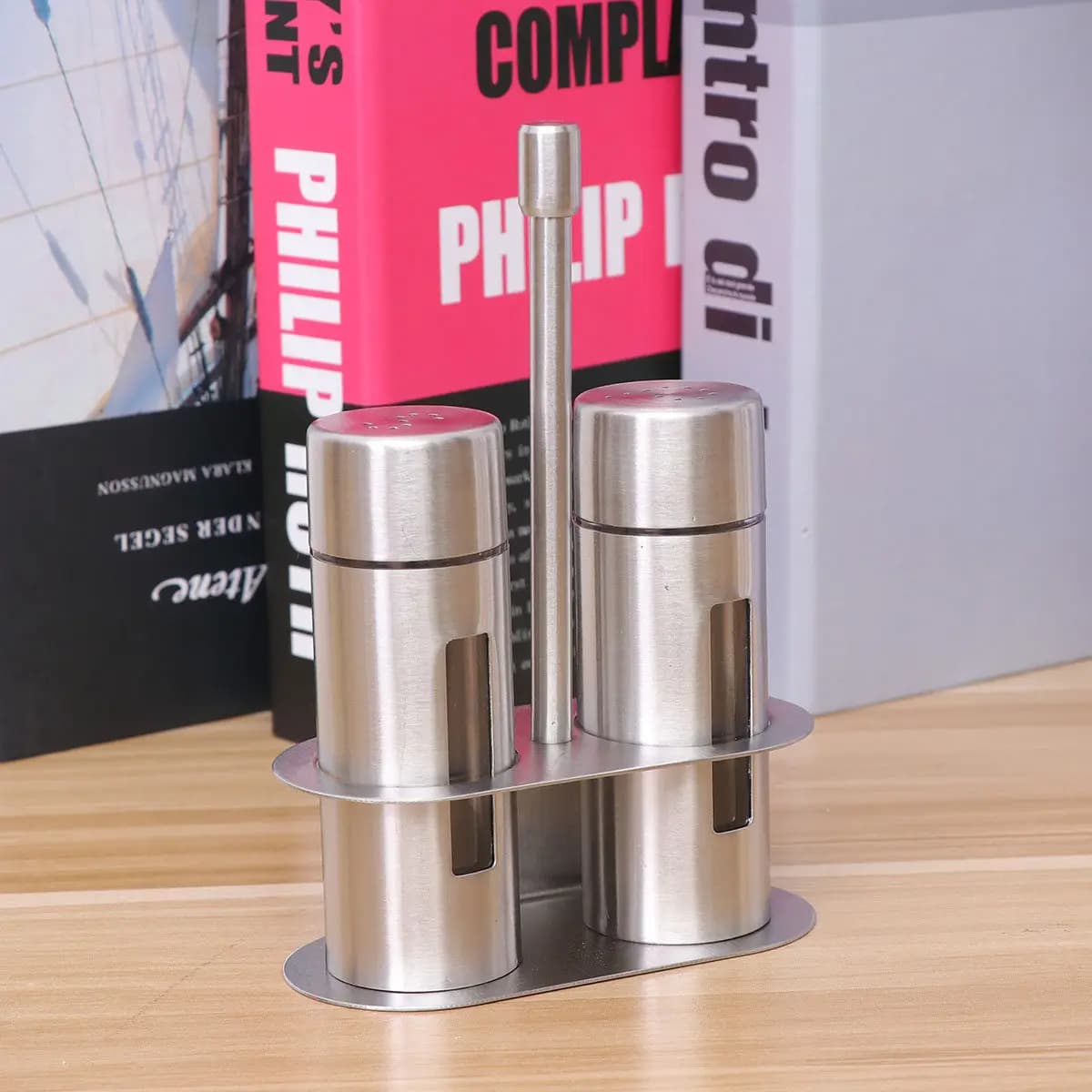 Set di Barattoli per Spezie in Acciaio Inox con Finestra Trasparente, Contenitori per Sale e Pepe, Organizzatore per Condimenti da Cucina