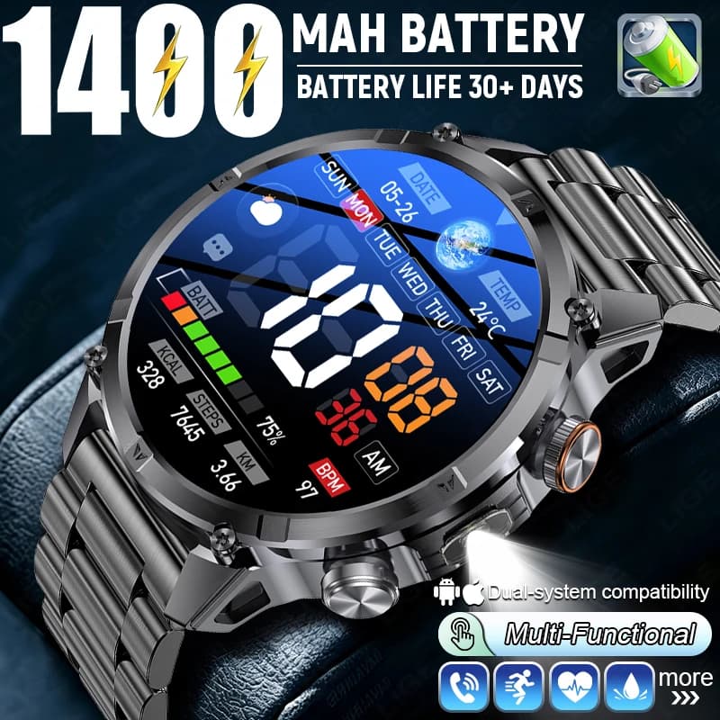 New 1400mAh Big Battery Smart Watch Men Outdoor LED Flashlight IP68 Waterproof Bluetooth Call Watches Military Sports Smartwatch