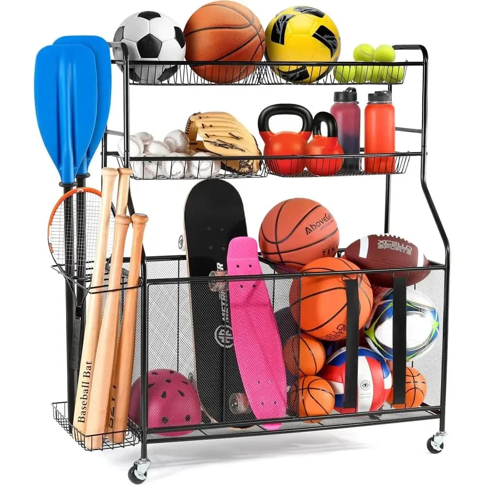 Organizzatore per Attrezzature Sportive da Garage con Ruote, Cestini e Freni - Scaffale Portaoggetti in Acciaio Resistente