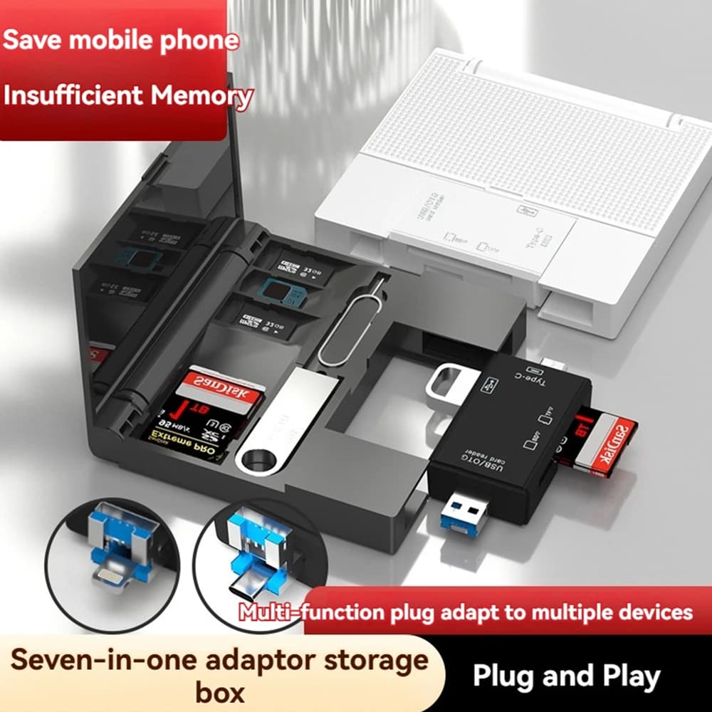 Scatola di immagazzinaggio per lettore di schede USB 2.0 7 in 1 Custodia per scheda di memoria per scheda SD TF multifunzionale Scatola di immagazzinaggio per scheda adattatore Micro tipo C