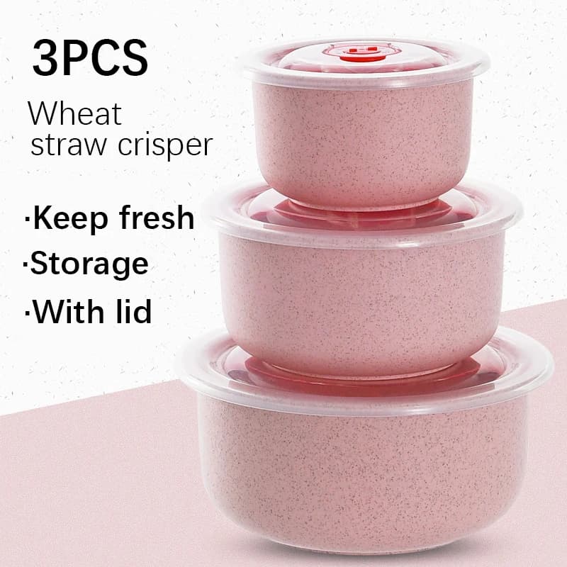 Set di 3 ciotole in paglia di grano per conservare alimenti, con coperchio, adatte per microonde, contenitori rotondi in plastica per il pranzo.