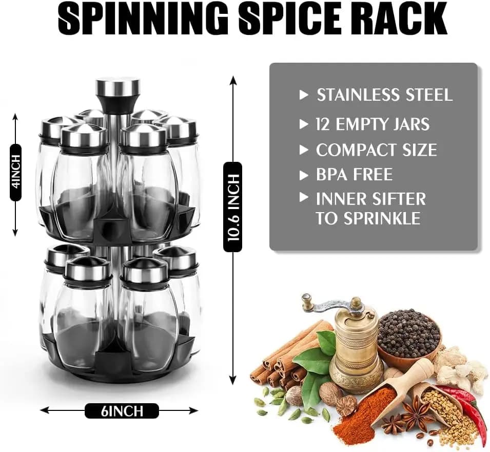 Set di 6/12 Barattoli per Spezie, Contenitori in Vetro per Cucina, Bottiglia per Condimenti Girevole a 360 Gradi