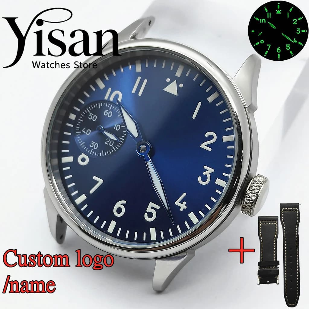 Fai-da-Te 42mm Watch with Manual Loading Movement ST3600, Sapphire Glass, Leather Strap, Black Digital Dial with Green Luminescence