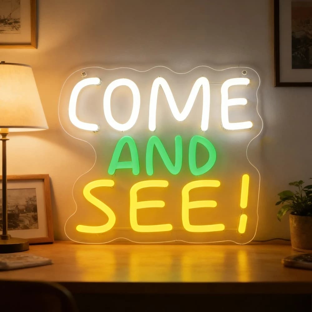 Insegna al Neon LED Multicolore 'COME AND SEE' per Decorazione Casa, Bar, Caffè, Illuminazione Artistica da Parete per un'Atmosfera Calda e Accogliente, Idea Regalo