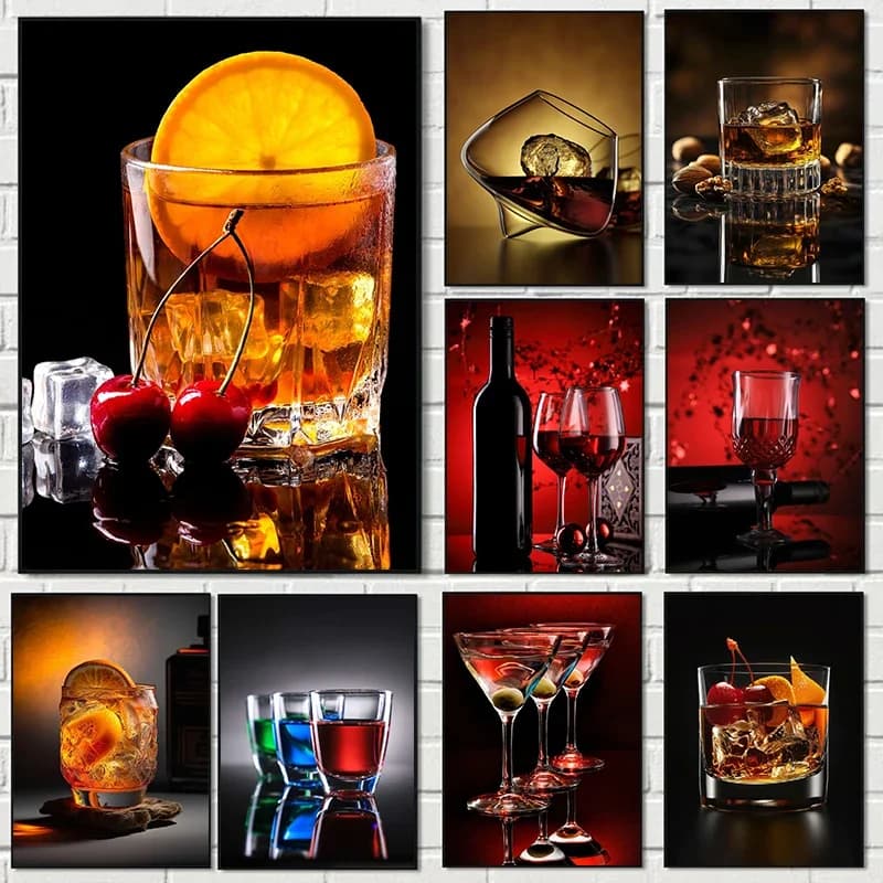 Modern Minimalist Fashion Premium Cocktail Whiskey Red Wine Glass work Aesthetics Canvas Painting Modern Home Decor