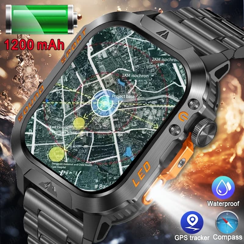 Nuovo Smartwatch Militare per Esterni 2026 con Schermo AMOLED da 2.01'', Batteria Grande da 1200mAh, Impermeabile 5ATM, Chiamate Vocali, Orologio Sportivo