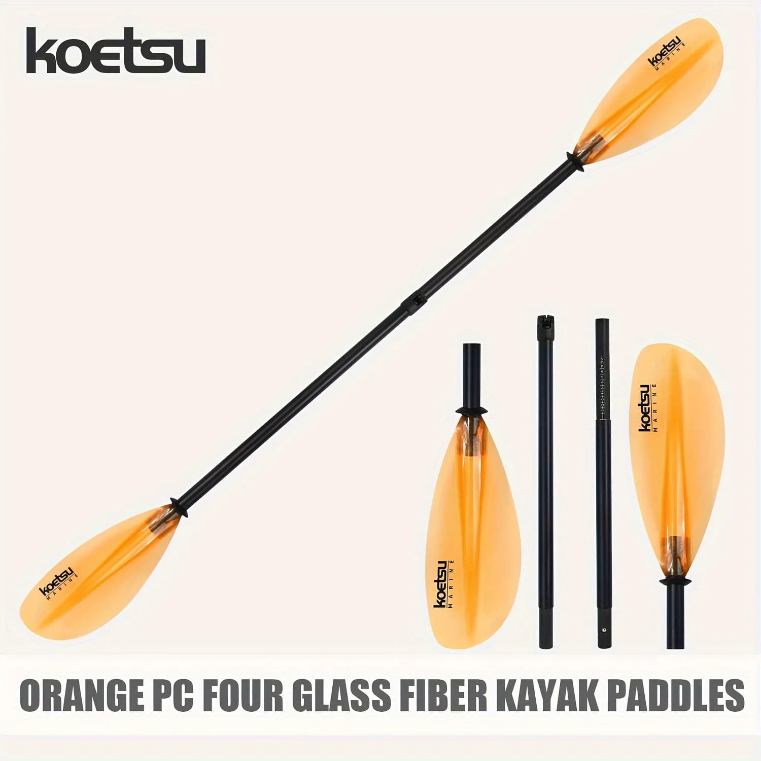KOETSU pagaia per kayak arancione a quattro sezioni in fibra di vetro, lame per PC trasparenti di alta qualità, adatta per kayak e paddle.