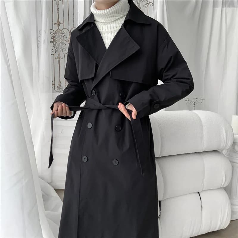 Trench doppiopetto nero 2026 Giacca lunga primavera autunno da uomo Giacca a vento casual Cappotti larghi con cintura di grandi dimensioni 5XL
