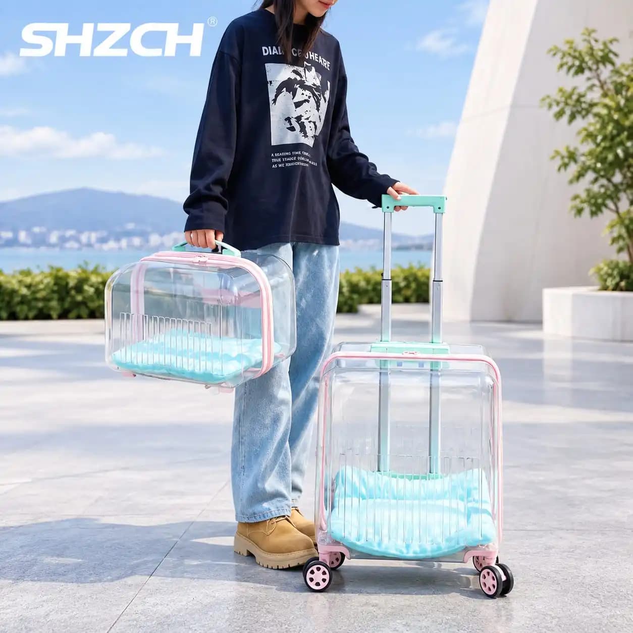 Pet Carrier with Wheels, Portable Double Layer Travel Cat Backpack &Transparent Airline-Approved Dog Cabin Bag for Outdoor Trip