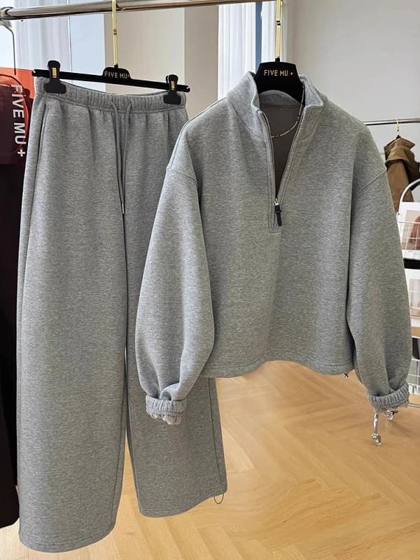 Large Size Couple's Casual Sportswear Set Men's Women's Fleece Lined Hoodie Drawstring Sweatpants Two Piece Set Autumn Winter