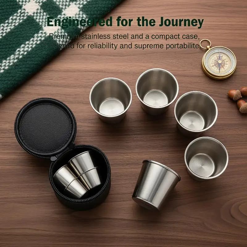 Mini Stainless Steel Drinking Cups Set 4Pcs 30ML with Leather Case Portable for Outdoor Hiking Picnic
