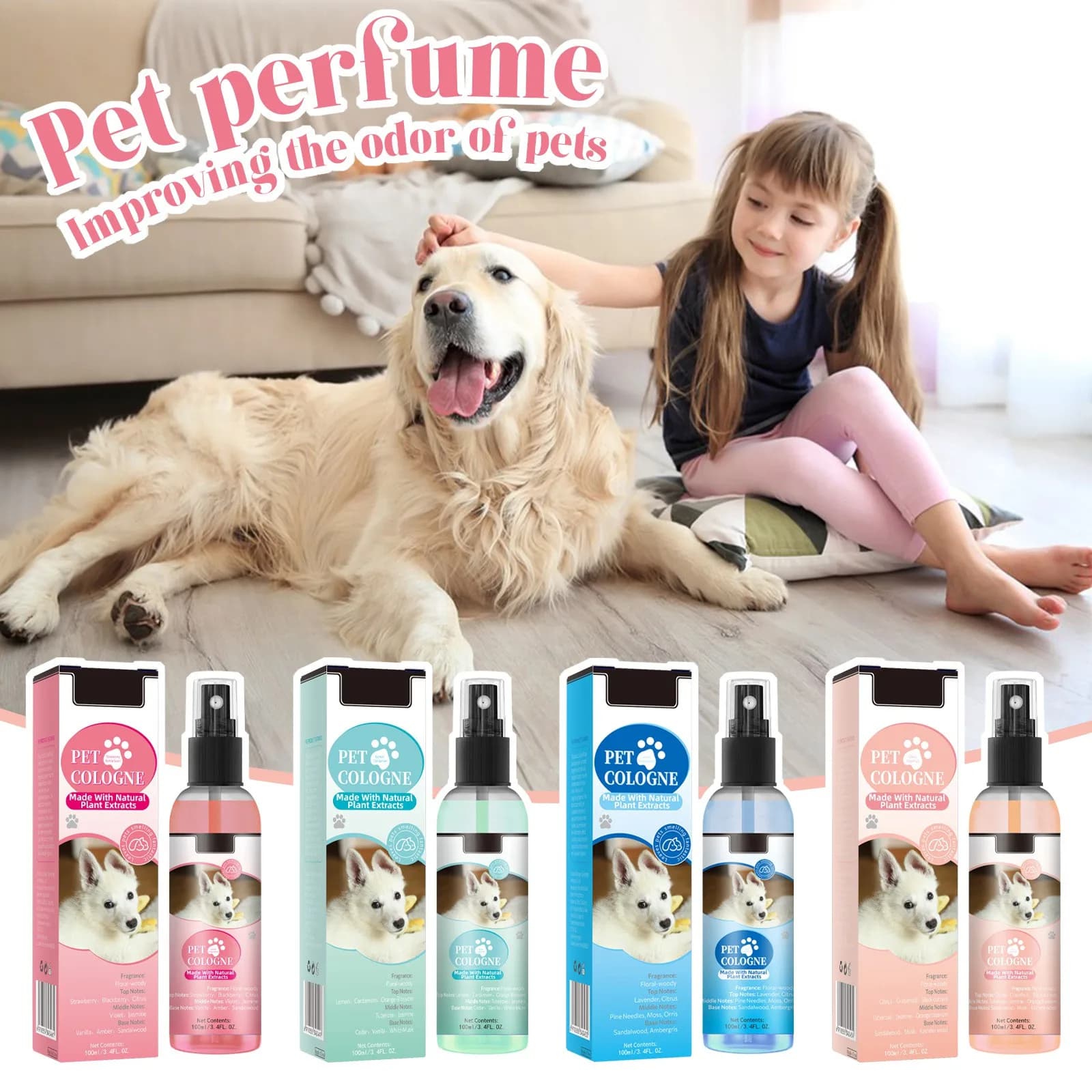 Eliminatore di odori per animali domestici Spray Fragranza liquida per cani Rimozione di odori per il corpo Odore Grande deodorante pulito a lunga durata Profumi liquidi per gatti