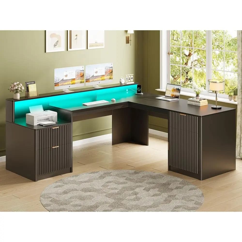 66ern L Shaped Desk with Ders, luted Home Oice Desk with ile Cainet & Printer Shel, Wood Executive Desk with Monitor Stand, Powe