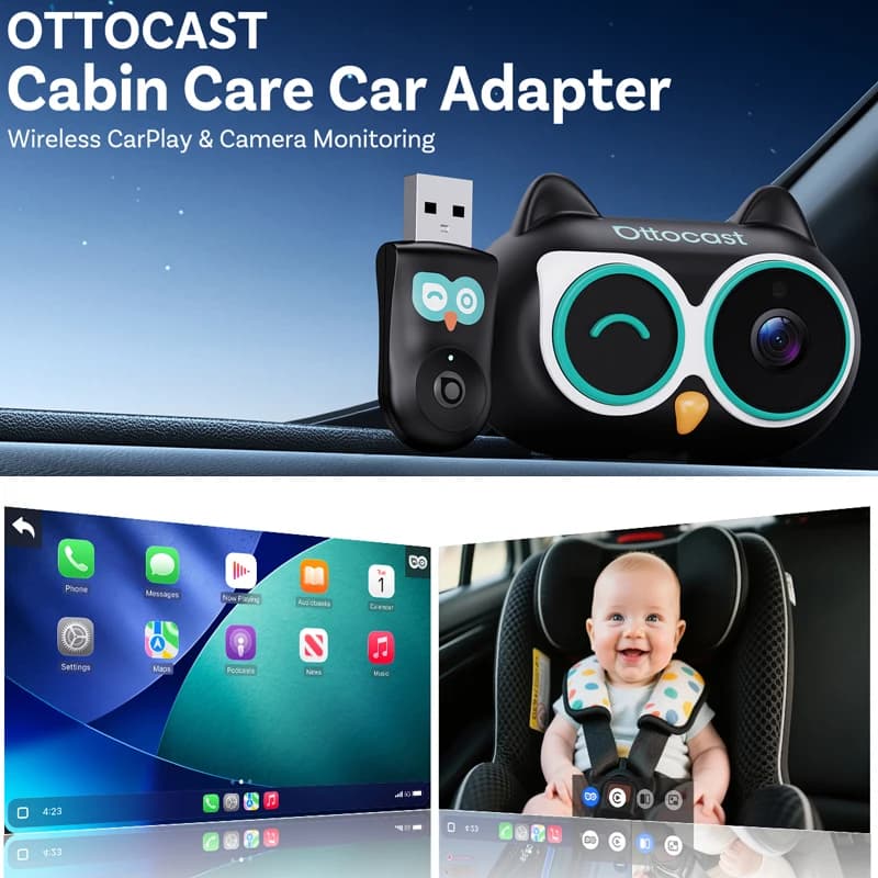 OTTOCAST Cabin Care Telecamera per Auto per Bambini, Adattatore Wireless Carplay 1080P 150 ° Monitor per sedile posteriore con visione notturna grandangolare, facile da installare