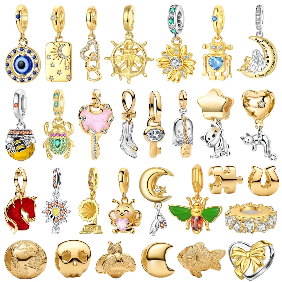 Original 925 sterling silver pendant with golden key, bee, butterfly, heart shape, sunflower, suitable for women's DIY bracelets and necklaces, gift idea.
