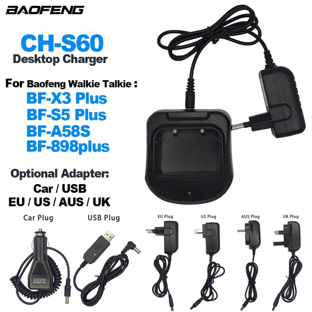 BAOFENG Walkie Talkie BF-X3 Plus Caricatore Adattatore opzionale per auto/USB/EU/US/AUS/UK per caricabatterie da tavolo per radio bidirezionale BF-S5Plus A58S