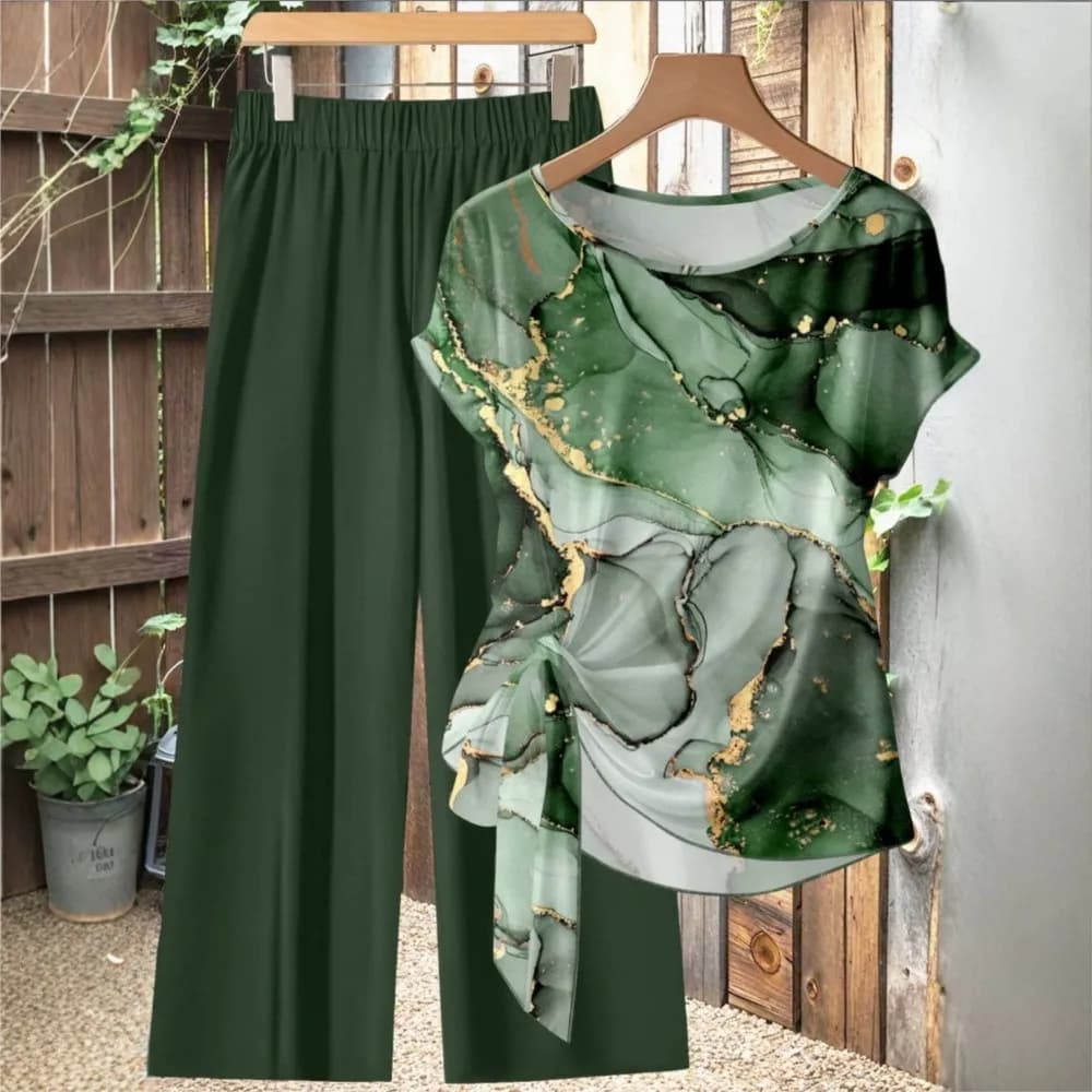 Nuovo Completo Donna 2 Pezzi: T-shirt Stampata a Collo Tondo e Maniche Corte con Top Annodato e Pantaloni a Gamba Larga, Casual per Uso Quotidiano